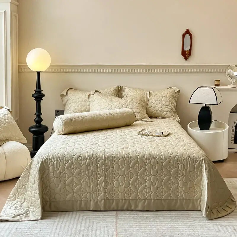 Beige quilted floral eucalyptus fiber bedspread bedroom ruffled cover