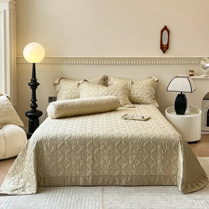 Beige quilted floral eucalyptus fiber bedspread bedroom ruffled cover