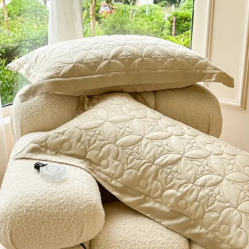 Beige quilted floral eucalyptus fiber bedspread bedroom ruffled cover