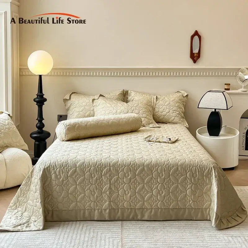 Beige quilted floral eucalyptus fiber bedspread bedroom ruffled cover