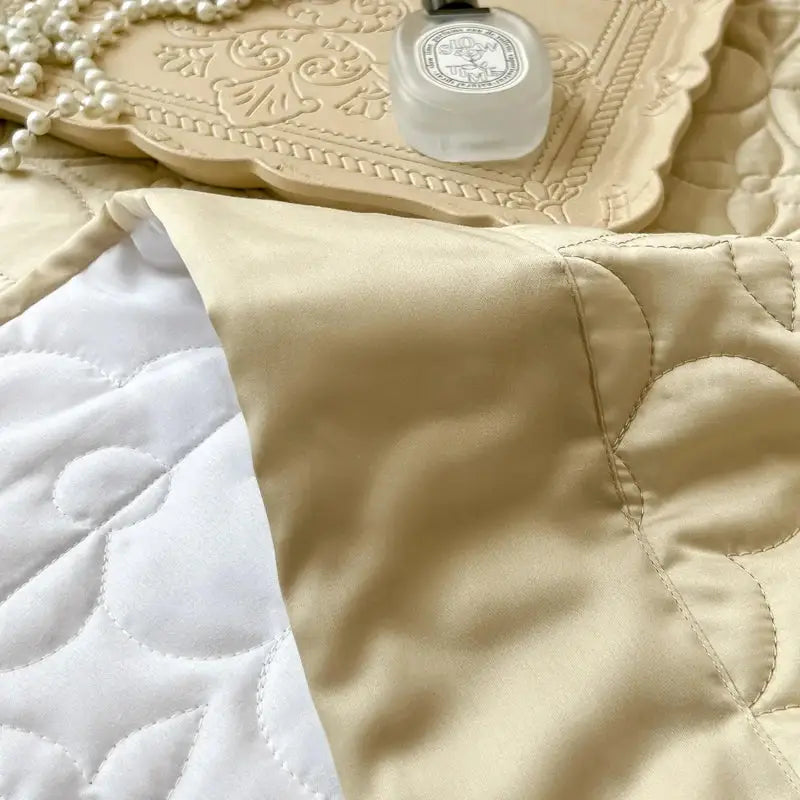 Beige quilted floral eucalyptus fiber bedspread bedroom ruffled cover