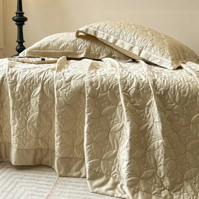 Beige quilted floral eucalyptus fiber bedspread bedroom ruffled cover