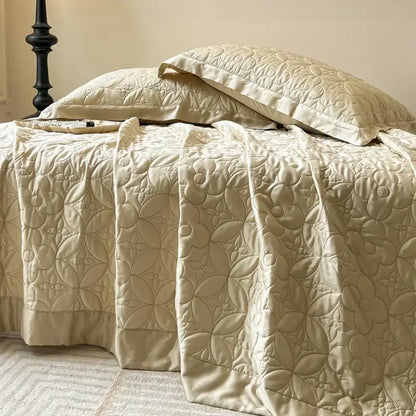 Beige quilted floral eucalyptus fiber bedspread bedroom ruffled cover