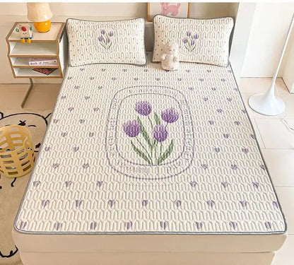 Beige & red cartoon pattern latex mattress bedroom quilted bed sheets