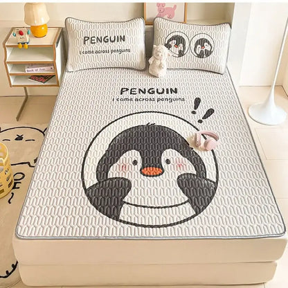Beige & red cartoon pattern latex mattress bedroom quilted bed sheets