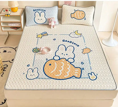 Beige & red cartoon pattern latex mattress bedroom quilted bed sheets