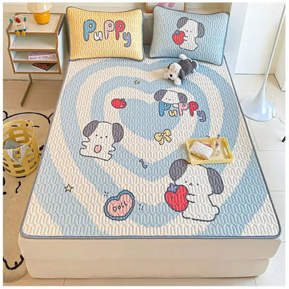 Beige & red cartoon pattern latex mattress bedroom quilted bed sheets