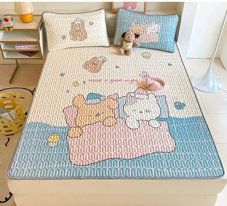 Beige & red cartoon pattern latex mattress bedroom quilted bed sheets
