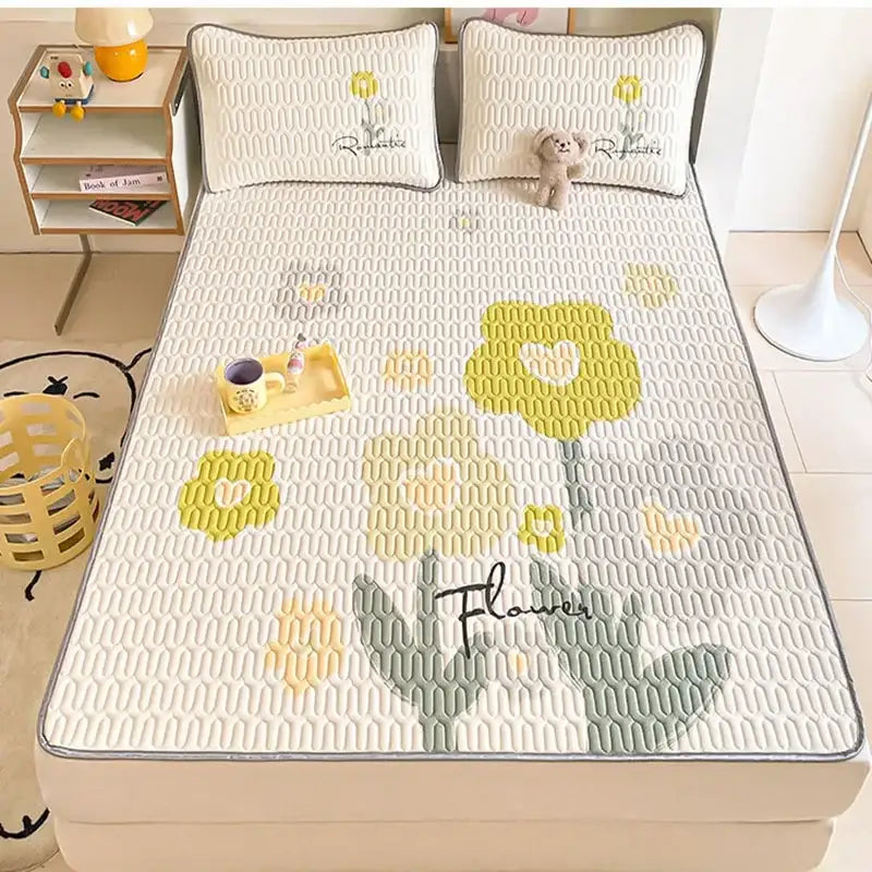 Beige & red cartoon pattern latex mattress bedroom quilted bed sheets