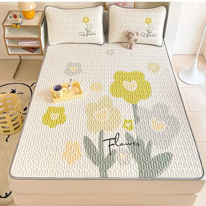 Beige & red cartoon pattern latex mattress bedroom quilted bed sheets