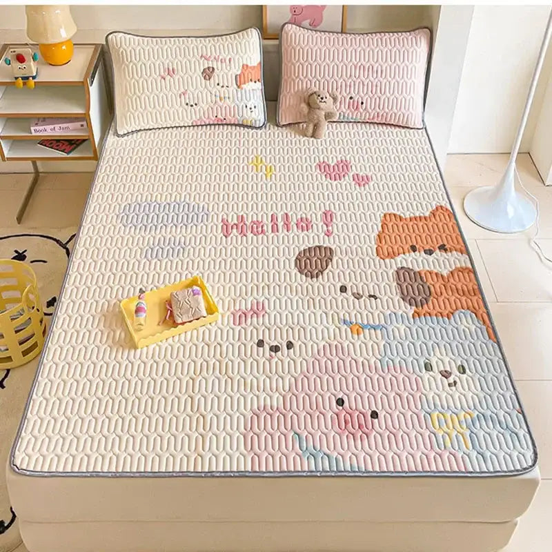 Beige & red cartoon pattern latex mattress bedroom quilted bed sheets