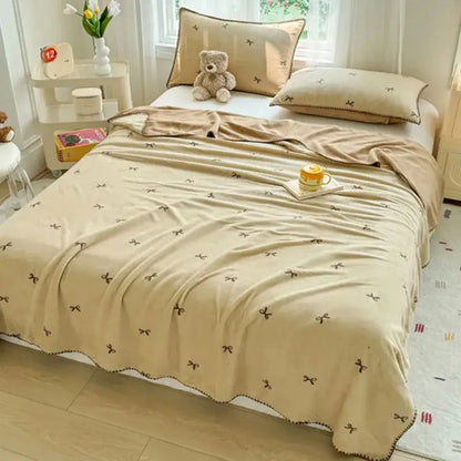 Beige scalloped cozy coral fleece blanket bedroom bow decor