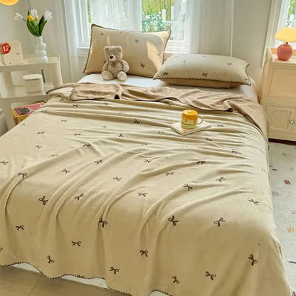 Beige scalloped cozy coral fleece blanket bedroom bow decor