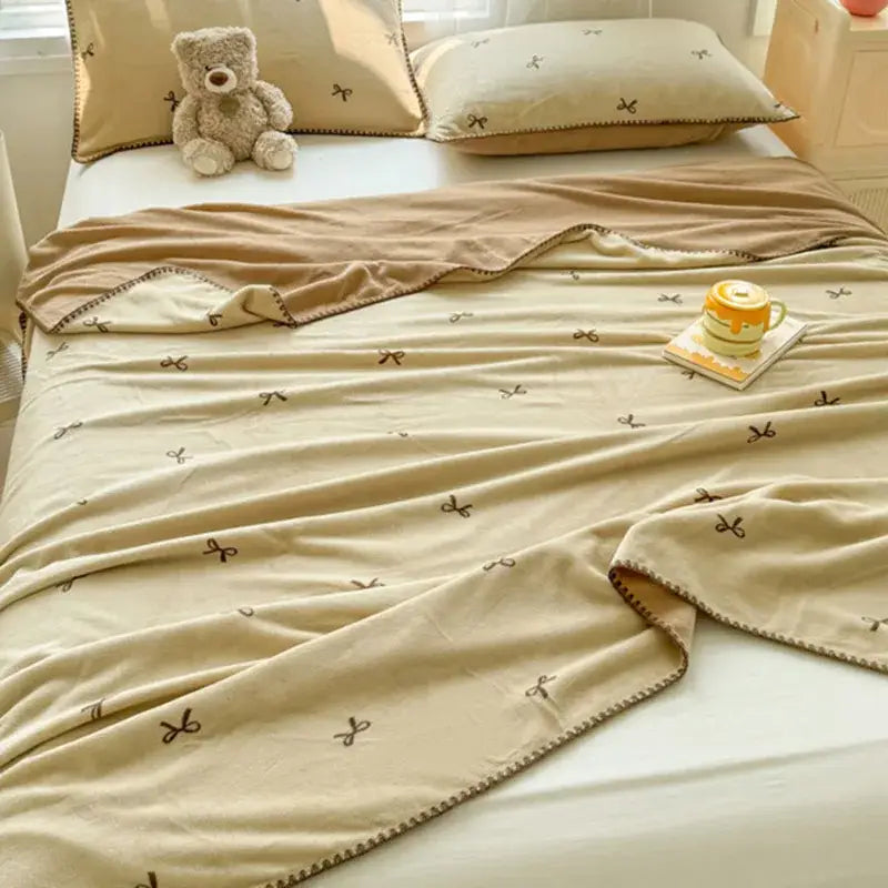 Beige scalloped cozy coral fleece blanket bedroom bow decor