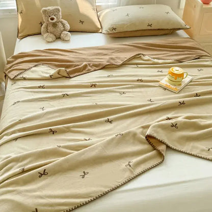 Beige scalloped cozy coral fleece blanket bedroom bow decor