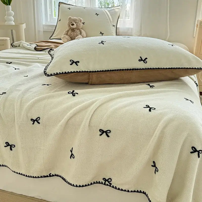 Beige scalloped cozy coral fleece blanket bedroom bow decor