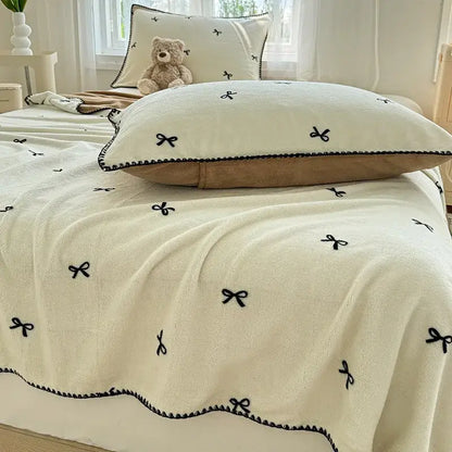 Beige scalloped cozy coral fleece blanket bedroom bow decor
