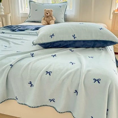 Beige scalloped cozy coral fleece blanket bedroom bow decor