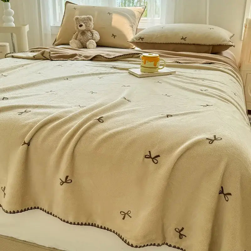 Beige scalloped cozy coral fleece blanket bedroom bow decor