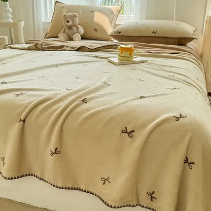 Beige scalloped cozy coral fleece blanket bedroom bow decor