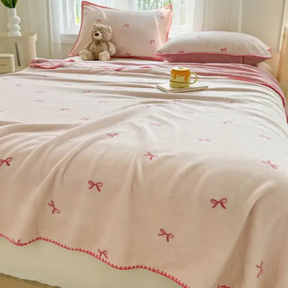 Beige scalloped cozy coral fleece blanket bedroom bow decor