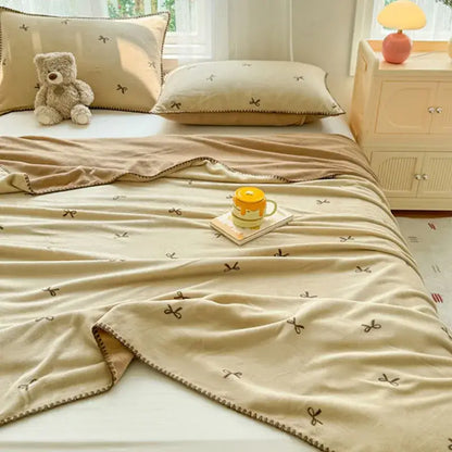 Beige scalloped cozy coral fleece blanket bedroom bow decor