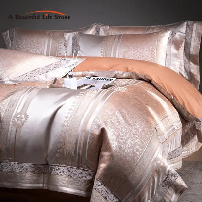 Beige & silver damask jacquard egyptian cotton bedding set bedroom