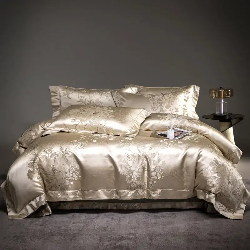 Beige & silver damask jacquard egyptian cotton bedding set bedroom