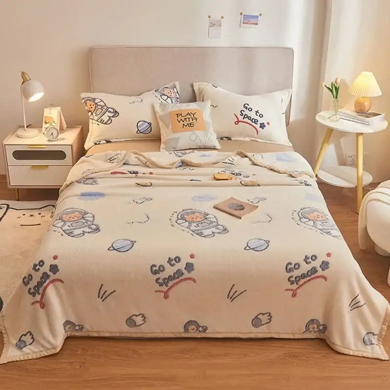 Beige space astronaut cartoon flannel blanket bedroom sofa cover