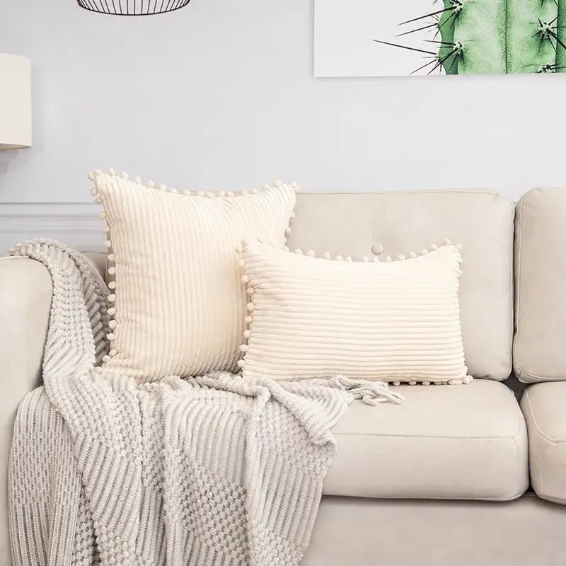 Beige striped corduroy cushion cover with pom poms living room lumbar
