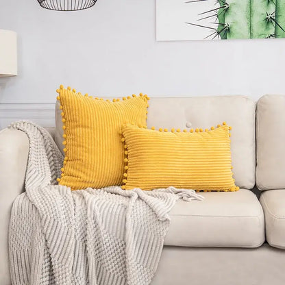 Beige striped corduroy cushion cover with pom poms living room lumbar