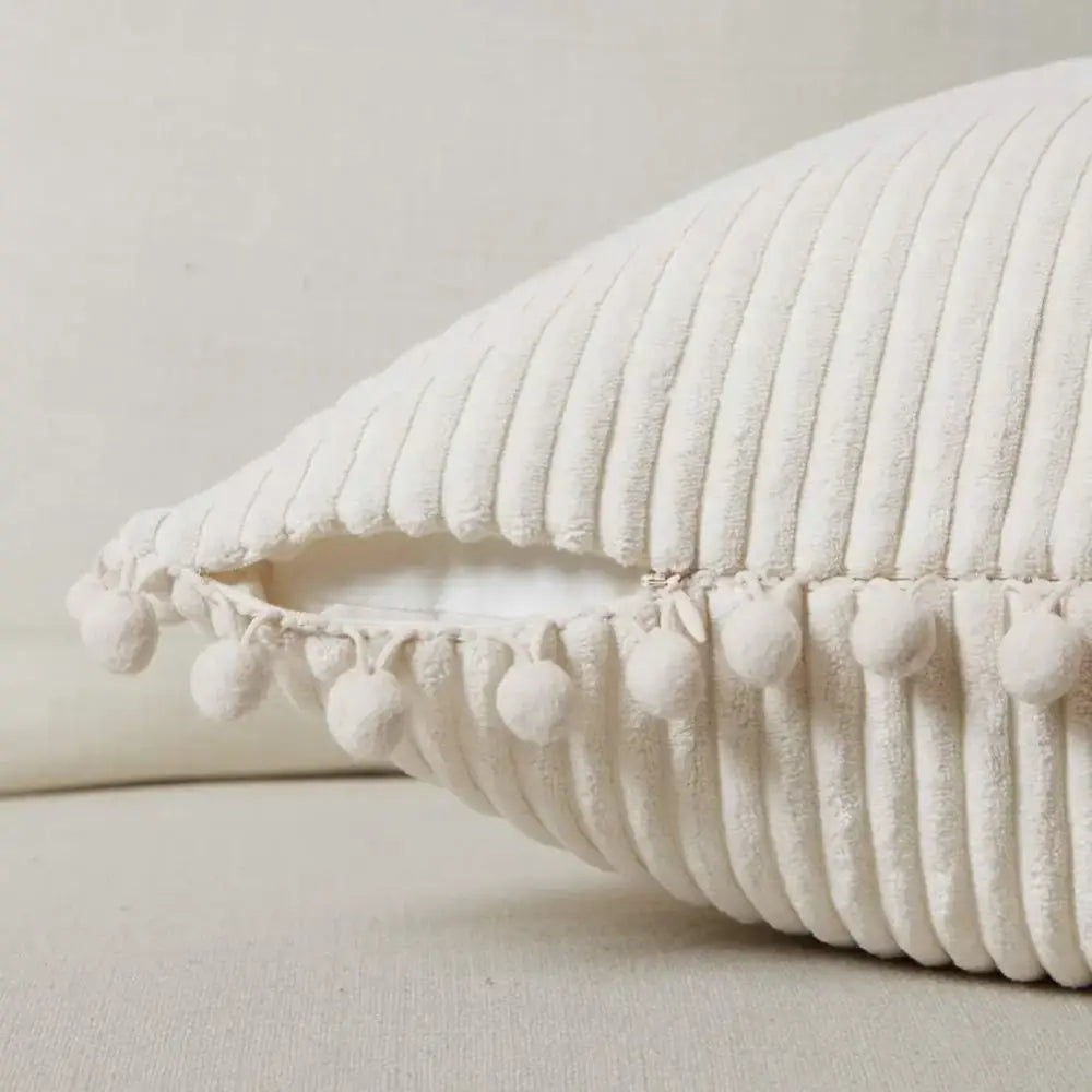 Beige striped corduroy cushion cover with pom poms living room lumbar