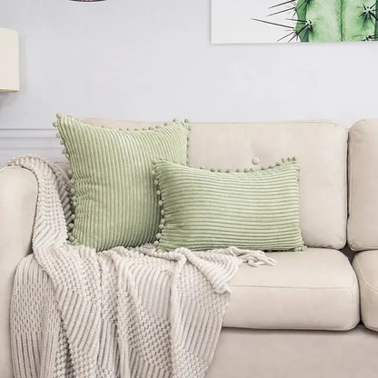 Beige striped corduroy cushion cover with pom poms living room lumbar