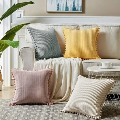 Beige striped corduroy cushion cover with pom poms living room lumbar