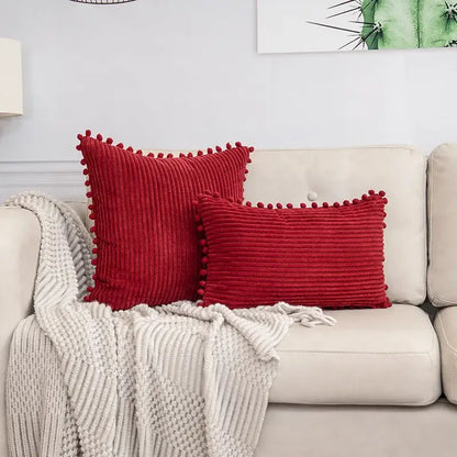 Beige striped corduroy cushion cover with pom poms living room lumbar