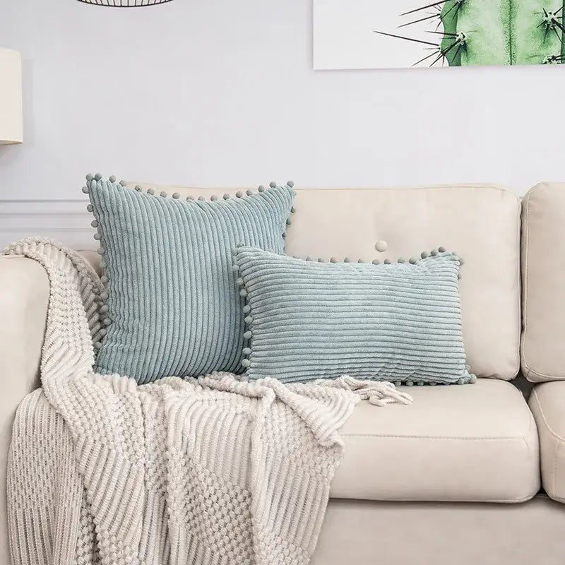 Beige striped corduroy cushion cover with pom poms living room lumbar