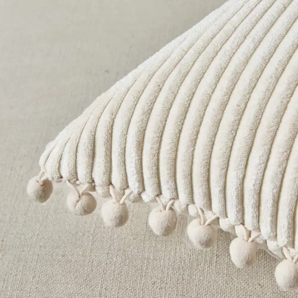 Beige striped corduroy cushion cover with pom poms living room lumbar