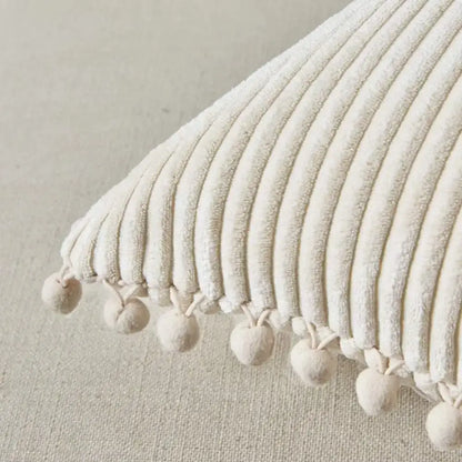Beige striped corduroy cushion cover with pom poms living room lumbar