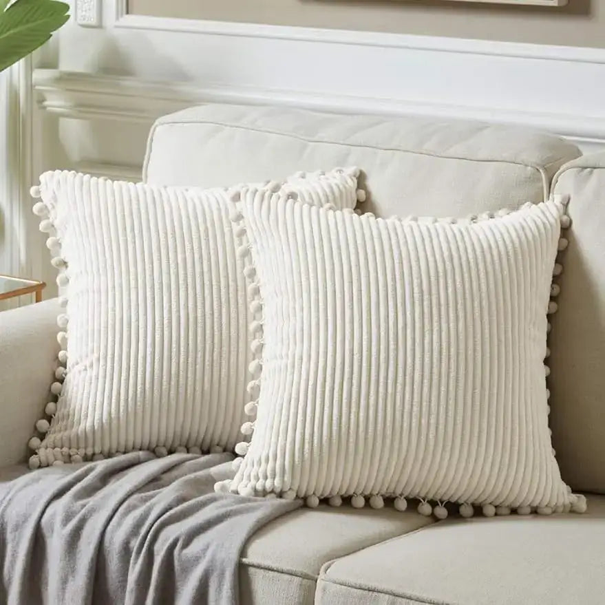 Beige striped corduroy cushion cover with pom poms living room lumbar