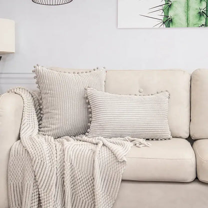 Beige striped corduroy cushion cover with pom poms living room lumbar