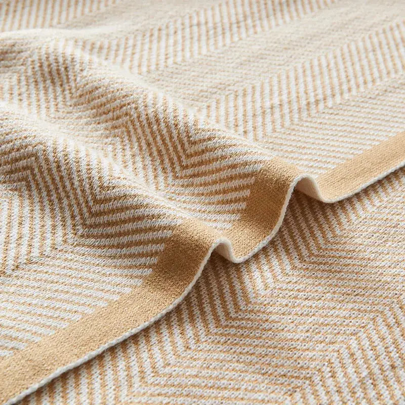 Beige & tan herringbone knit blanket living room sofa throw
