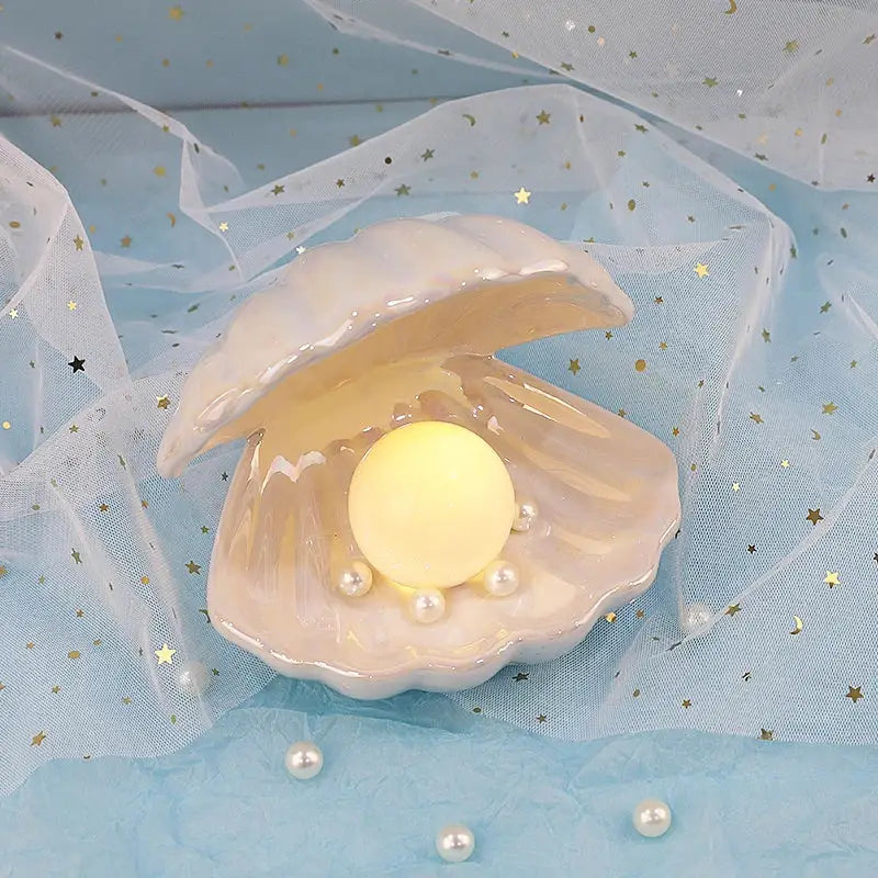 Beige & terracotta ceramic shell pearl night light bedroom lamp