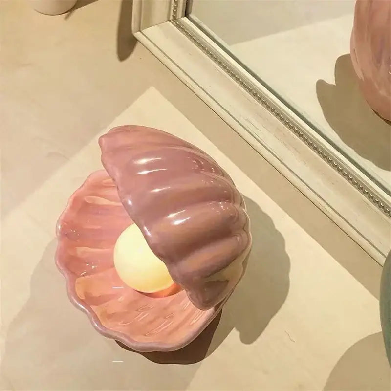 Beige & terracotta ceramic shell pearl night light bedroom lamp