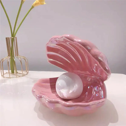 Beige & terracotta ceramic shell pearl night light bedroom lamp