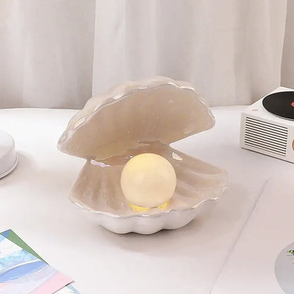 Beige & terracotta ceramic shell pearl night light bedroom lamp