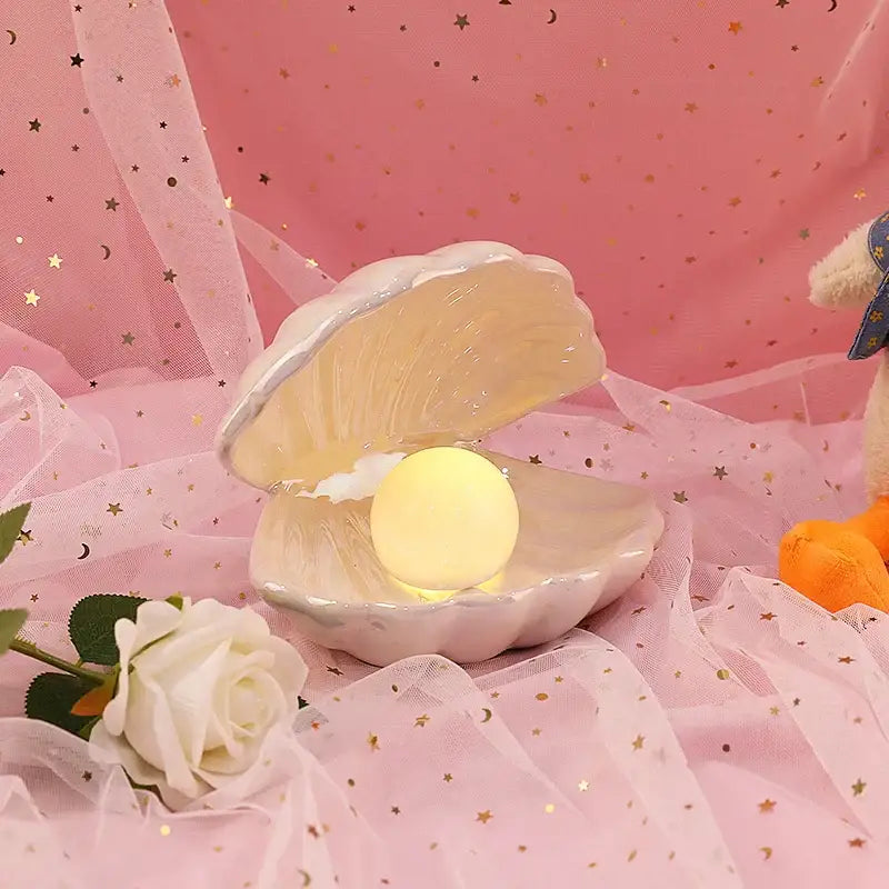 Beige & terracotta ceramic shell pearl night light bedroom lamp