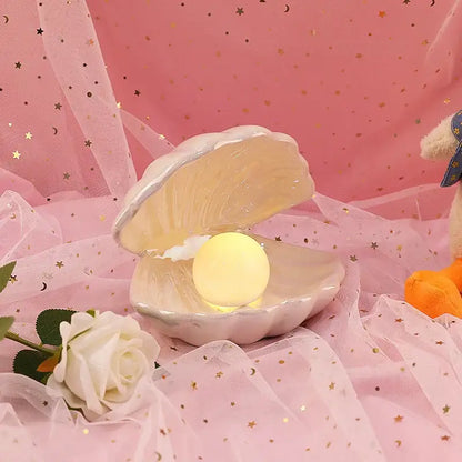 Beige & terracotta ceramic shell pearl night light bedroom lamp
