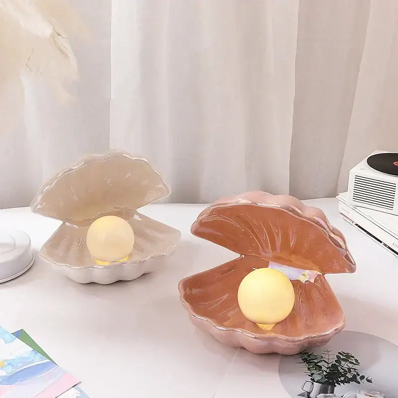 Beige & terracotta ceramic shell pearl night light bedroom lamp