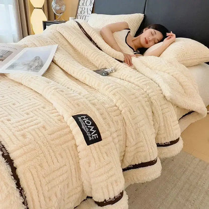 Beige textured fluffy fleece blanket bedroom cozy throw with trim