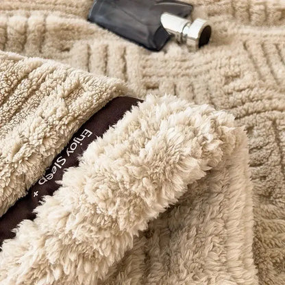 Beige textured fluffy fleece blanket bedroom cozy throw with trim